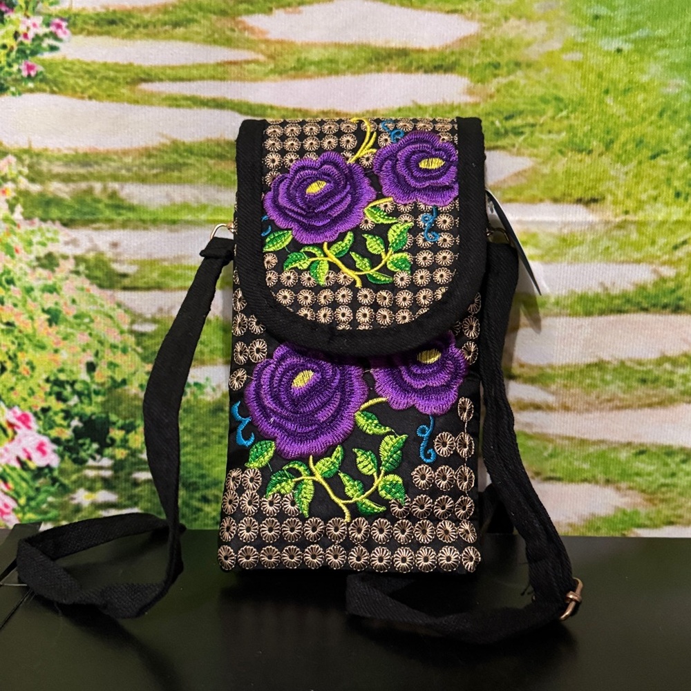 Embroidered Black and Purple Floral Crossbody Bag